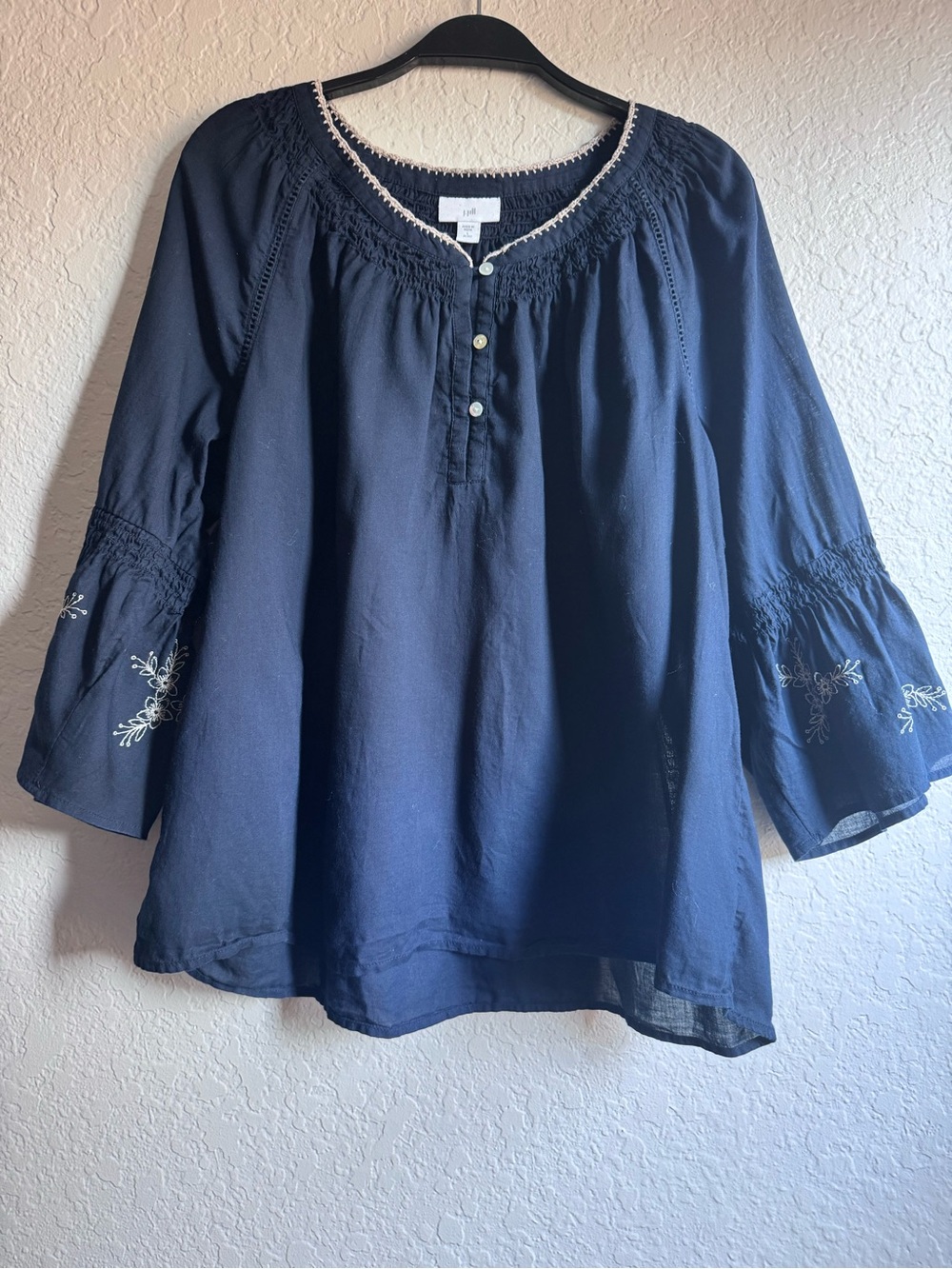 J. Jill Navy Blue Boho Embroidered Peasant Blouse Smocked Neck 3/4 Bell Sleeve